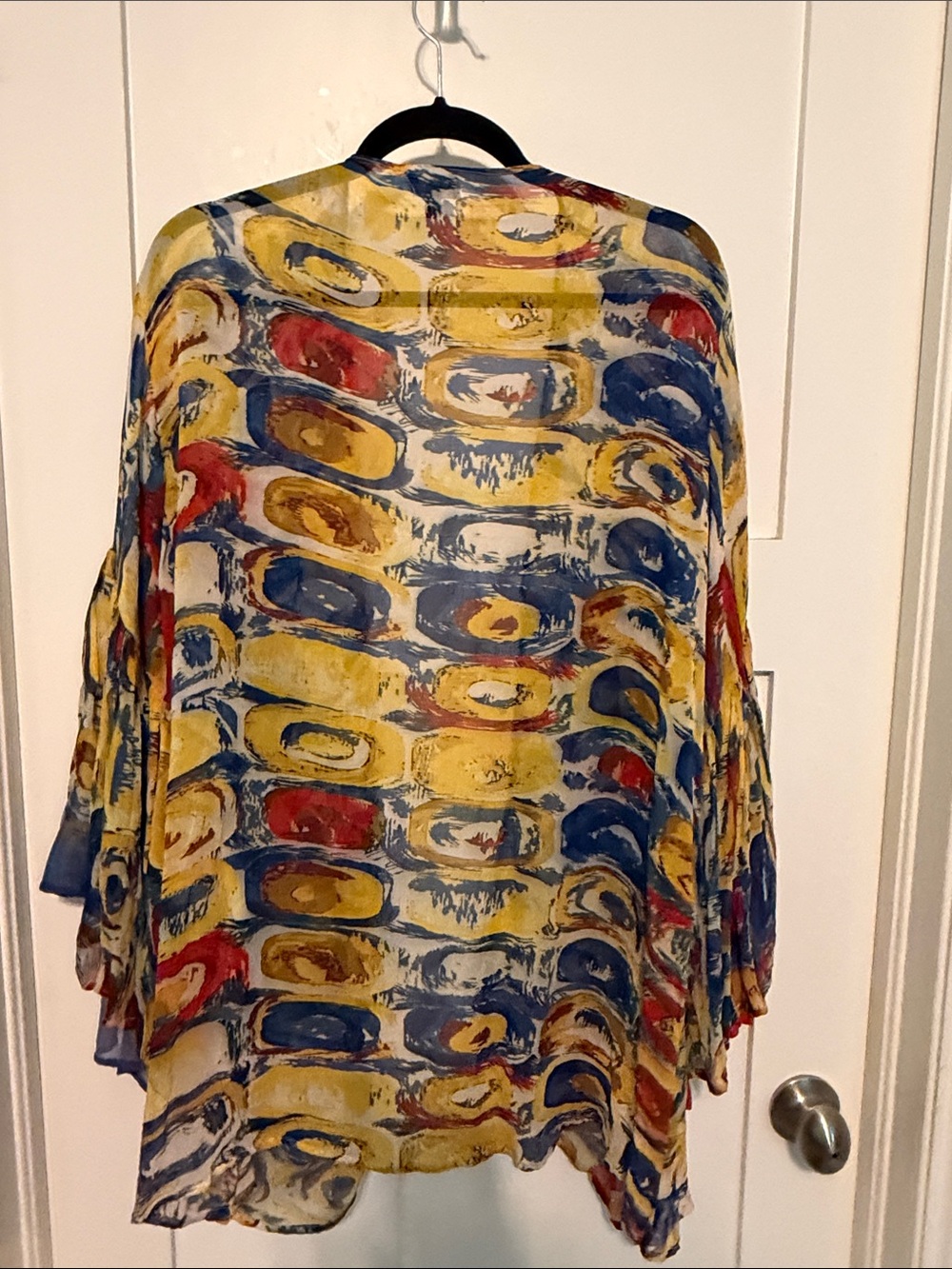 Shana Open-Front Abstract Art to Wear Print Kimono - Yellow Blue Red Resortwear - Picture 5 of 11